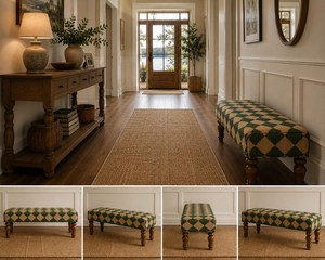Banco tapizado artesanal de madera con lana y yute, diseño 'Green Diamond', estilo rústico, para recibidor, dormitorio, extremo de cama, otomana o asiento decorativo - Product Image 2
