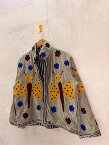 Vintage Grey Velvet Hand Embroidered Jacket With <b>Butterfly</b> And Floral Pattern Full <b>Sleeve</b> Stand Collar Bohemian Winter Outerwear - Product Image 5