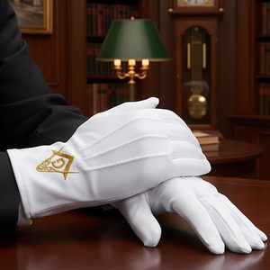 Gold Square & Compass Masonic Embroidered Cotton Gloves - [<b>White</b>] 100% Cotton Embroidered Masonic Symbol - Product Image 6