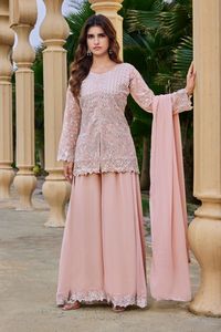Ensemble de vêtements pour femme en faux georgette lourd avec broderie et travail de sequins de 3 mm, comprenant un haut, un palazzo et un dupatta, entièrement cousu, ZW 145 - Product Image 3