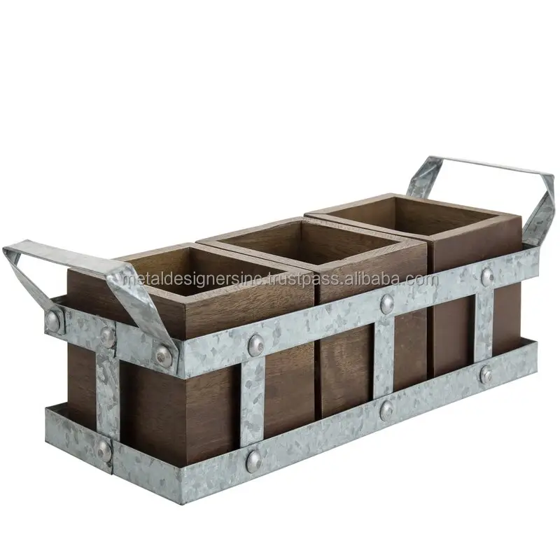 Galvanized and wood kitchen utensil caddy holder 3 wooden boxes and metal holder with side handles kitchen tools caddy