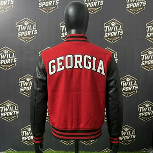 Custom Georgia Red Varsity <b>Jacket</b> Men's PU Leather Sleeve College Letterman Bomber Embroidery G Logo Front <b>Patch</b> Design High - Product Image 5