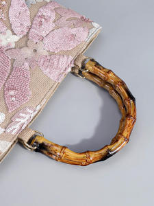 Fashion Linen Beading <b>Sequined</b> <b>Handbag</b> Floral Embroidered Bamboo Handle Tote Bag for Women Ladies - Product Image 2