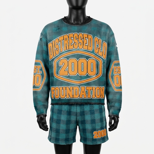 ชุดเสื้อสเวตเชิ้ตและกางเกงขาสั้นผ้าฝ้ายพรีเมียม 380 GSM สีน้ำเงินรอยัล พร้อมบริการสกรีนโลโก้แบบ Heat Transfer สำหรับผู้ชาย - Product Image 4