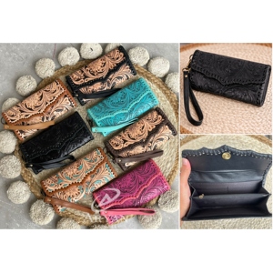 Fashionable Gift New Design Wristlet Wallet Hand <b>Tooled</b> <b>Leather</b> Clutch Purse Fashion Women Card Money Phone Wallet for Daily Use - Product Image 1