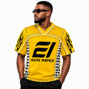 Premium Yellow Front Studded <b>Flame</b> Print V-Neck Jersey <b>Shirt</b> | Oversized Streetwear Top Rhinestones Checkered Detail 100% - Product Image 3