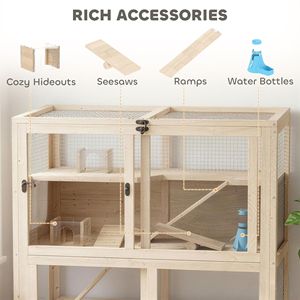 Gabbia per criceti a 4 livelli in legno per razze medio-grandi con tetto a rete apribile, vassoio estraibile, capanni, altalene, rampe e borracce - Product Image 5