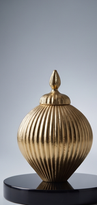 Luxury <b>Gold</b> Ribbed Metal Storage Jar With Pointed Finial Lid Date And Dry Fruit Container Tabletop Decor - Product Image 5