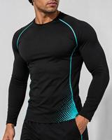 Rashguard pour homme à manches longues, col rond, écologique, anti-UV, séchage rapide, respirant, en spandex, noir avec dégradé turquoise