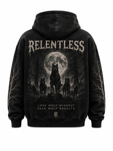 Sudadera con Capucha AcidWash Relentless Wolf Pack para Hombre, Negra, de Algodón French Terry, Estampada, Informal, de Invierno, con Bolsillo Delantero - Product Image 2
