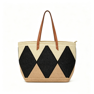 Customized Black diamond patchwork woven tote <b>bag</b>, geometric rhombus straw‑style shoulder shopper, multi‑tone woven <b>basket</b> tote - Product Image 5