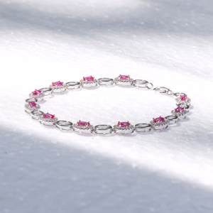 Glamorosa Pulsera de Plata de Ley con Piedras de Rubí Rosa Ovaladas, Diseño de Halo, Elegante Juego de Joyería Fina para Mujer, Regalo de Lujo - Product Image 1