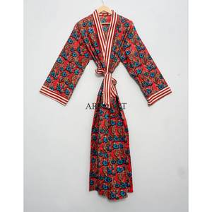 Kimono Kantha en Coton Fait Main de Créateur – Tendance Printemps-Été, Élégant, Long, Taille Naturelle, Respirant, Séchage Rapide, Col en V - Product Image 1