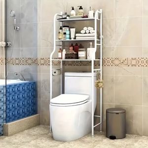 Scaffale portaoggetti a 3 livelli in metallo da posizionare sopra il WC, salvaspazio, facile da montare senza forare, con ganci porta carta igienica e organizer - Product Image 5
