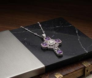 Purple Zircon Cross Pendant <b>Necklace</b> <b>Silver</b> Tone Filigree Chain Religious Jewelry for Women - Product Image 3