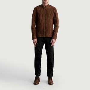 <b>Men's</b> Brown <b>Suede</b> Leather <b>Jacket</b> Stand Collar Zipper Closure Moto Biker Style Autumn Wear Slim Fit Regular Length - Product Image 1