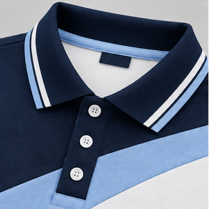 Chemise décontractée pour homme à manches courtes en tricot 100% coton respirant, col boutonné, couleur bleu marine et blanc - Product Image 4