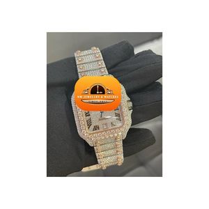 Montre de luxe pour homme en acier inoxydable sertie de diamants, cadran rectangulaire à quartz analogique avec chiffres romains, fermoir déployant, 40 mm - Product Image 1
