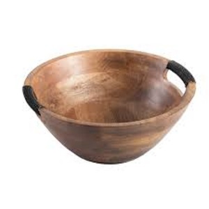 Bol en bois fait main avec poignées en corde, design Wabi Sabi, pour servir les aliments, bol en bois imprimé style ferme - Product Image 1
