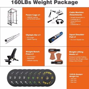 160lb Home Gym System Multi-Functional Power Cage Adjustable Pullup Squat Rack 1000Lbs Capacity Comprehensive Fitness Barbel - Product Image 2
