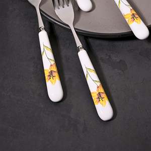 Ceramic & Steel Sunray Floral <b>Forks</b> (Set of 4) for Fruit Dessert Restaurant Use Kids Friendly Stainless Steel Handle for Camping - Product Image 2
