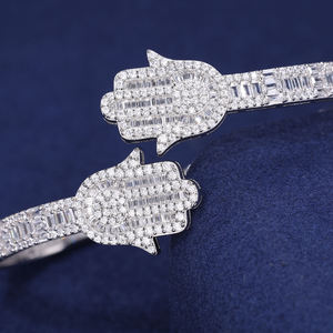 Luxury 925 <b>Silver</b> Rhodium Plated <b>Cuff</b> <b>Bracelet</b> Women's Diamond Baguette Cut Hamsa Hand Channel Setting Jewelry - Product Image 2