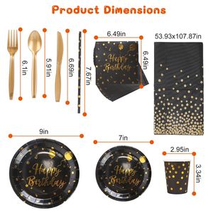 Set di Stoviglie Monouso Nero e Oro da 201 Pezzi per Feste di Compleanno, per 25 Ospiti, Piatti e Bicchieri di Carta da 9OZ, Cannucce per Celebrazioni - Product Image 6