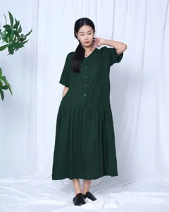 Women Boho Green V-Neck Linen Midi <b>Dress</b> With Short Sleeve <b>Loose</b> Fit Button Front Casual Daily Wear - Product Image 1