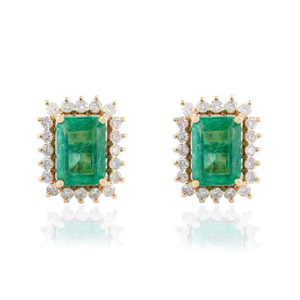 18K Solid Gold Oval Cut <b>Emerald</b> & Diamond Halo <b>Stud</b> <b>Earrings</b> - Product Image 2