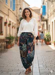 Pantalon Harem Unisexe Bohème Patchwork 100% Rayonne avec Cordon de Serrage Taille Mi-Haute Longueur Complète pour Yoga, Plage et Détente avec Poches - Product Image 4
