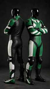 Combinaison de course moto en cuir bicolore vert et noir unisexe adulte une pièce - Product Image 6