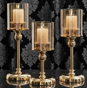 Wholesale <b>Set</b> of 3 Silver Chrome Glass Hurricane <b>Candle</b> Holders Modern Tall Metal Pillar <b>Candle</b> Stands with Glass Hurricane - Product Image 2