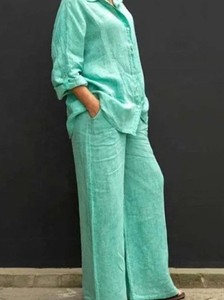 Women Linen <b>Blazer</b> <b>Set</b> Solid Color Loose Fit Two Piece Pantsuit Casual Office Wear - Product Image 4