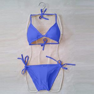 Customize Women's Blue Sexy <b>Bikini</b> Set With Crossed Halter Top And Tie Side Bottom Solid Color Knitted Swimwear - Product Image 5