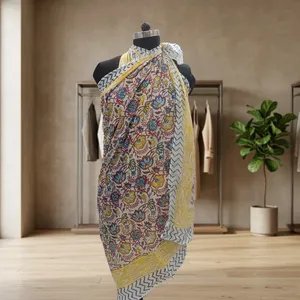 Multicolor Floral Hand Block Printed Cotton <b>Sarong</b> Scarf with Yellow Border Lightweight Beach Wrap Stole for Women - Product Image 1