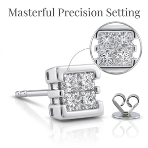 Boucles d'oreilles élégantes en diamant Princesse, or blanc 14 carats, sertissage invisible quadruple, bijoux de mariage raffinés, livraison rapide mondiale - Product Image 2