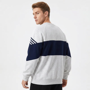 Sweat-shirt à col rond pour homme, manches raglan, color block, coupe classique, bleu marine et blanc, en coton French Terry 370g, décontracté, pour l'automne - Product Image 5