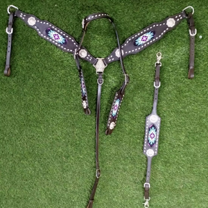 Ensemble de harnais western fantaisie en cuir de vache véritable, têtière et collier de poitrine en cuir travaillé à la main, équipement d'équitation de qualité supérieure - Product Image 3