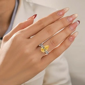 925 Silver Moissanite Diamond Two-Tone Pear Cut Engagement <b>Ring</b> with <b>Opened</b> Wedding <b>Ring</b> in Yellow & White Gold Plated <b>Ring</b>. - Product Image 1