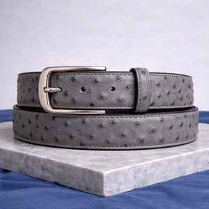 เข็มขัดหนังนกกระจอกเทศทำมือสุดหรู สีเทา เข็มขัดสำหรับผู้ชาย คุณภาพสูงพิเศษ เครื่องประดับแฟชั่น - Product Image 1