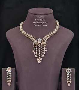Collar y pendientes colgantes de circonita cúbica 12419, con piedra rosa, chapados en oro sobre latón, estilo llamativo para fiesta de bodas de mujer - Product Image 1