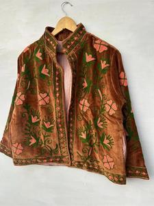 Luxury <b>Brown</b> Velvet Embroidered Suzani <b>Jacket</b> With Floral Pattern Full Sleeve Stand Collar Handmade Bohemian <b>Women's</b> Winter Coat - Product Image 2