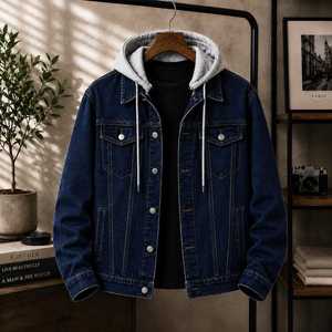 Veste à capuche en jean bleu clair pour homme, coupe droite, style décontracté, en coton délavé, avec poches, idéale pour l'automne - Product Image 2