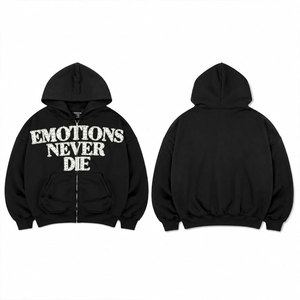 Sudadera con Capucha Negra Extra Grande para Hombre con Cierre y Estampado 'Emotions Never Die', Ropa Casual de Calle para Otoño - Product Image 1