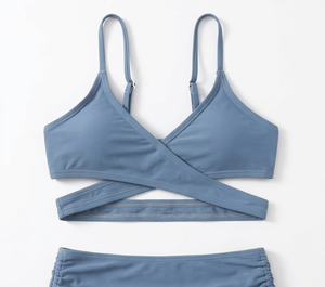 <b>bikinis</b> beachwear Women's <b>Blue</b> Crossed Halter <b>Bikini</b> <b>Set</b> High Waist Bottoms with Drawstring Detail Solid Color Swimwear - Product Image 6