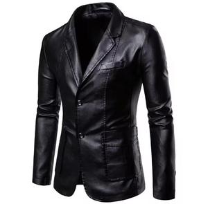 Unisex PU <b>Leather</b> <b>Blazer</b> Slim Fit Stand Collar Single Breasted Waterproof Smart Casual Jacket Regular Sleeve Solid Color Front - Product Image 2