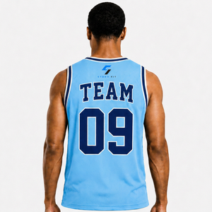 Camiseta de Baloncesto Personalizada para Hombre, Azul Claro, Cuello en V, Sin Mangas, Impresión Sublimada con Nombre y Número 09, Transpirable, Absorbe la Humedad, 100% - Product Image 2