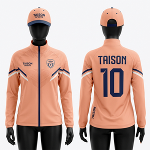 เสื้อแจ็คเก็ตฝึกซ้อมฟุตบอลหญิง 240 GSM ผ้าโพลีเอสเตอร์อินเตอร์ล็อค ระบายอากาศได้ดี สีส้ม ขาว เขียวอมฟ้า แบบแผง  รับสกรีนลายแบบ Heat Transfer - Product Image 4