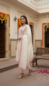 <b>Women</b> Traditional Cotton <b>Kurta</b> Pant Dupatta Set Cream Pink Embroidery Regular Fit Ankle Length Casual Wear India Pakistan Style - Product Image 2
