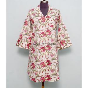 Robe longue 100 % coton pur, imprimé floral bohème, écologique, manches cloche, imprimé à la main, col en V, taille midi, chemise décontractée d'été - Product Image 1